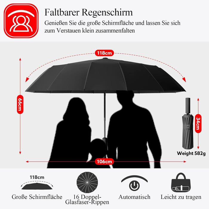 Стійкий до вітру парасолька: компактний автоматичний парасолька великого розміру з 16 ребрами, тефлонове покриття 210T, анти-UV, чорний