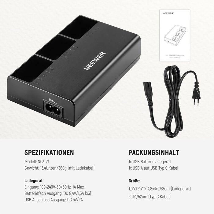 Зарядний пристрій для спалахів NEEWER Z2, Z1, Z760, Z880 (3 слоти), 7.4V/2600mAh, Li-Ion, з адаптером живлення (EU)