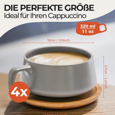 MIAMI - 4 x 320 ml Coffee Cups/Cappuccino Cups with Saucers/Elegant/Modern/Coffee Cups made of Stoneware - Luxe Collection 4-Piece Set (Classic Pastel)