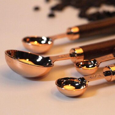 Ldawy Measuring Spoons Measuring Cups Stainless Steel Measuring Spoons 4-Piece Precision Kitchen Measuring Tool with Walnut Handle for Baking (Rose Gold)