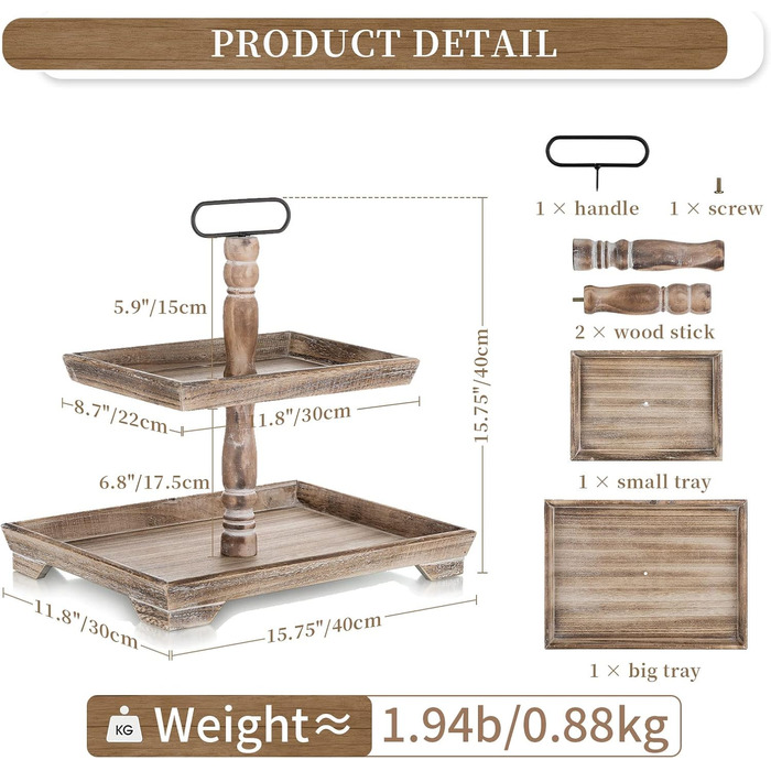 Hanobe Decorative Table Tray Shelving Wood: Brown Wooden Tray Large Rectangular with 2 Tiers Farmhouse Decorative Tray Vintage Shabby Serving Trays for Home Coffee Corner Bathroom
