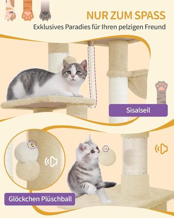 Дерев'яний будиночок для котів Hzuaneri Kratzbaum, 149 см, з 5 стовпчиками для шліфування, платформами, затишною печерею, багатоповерховий центр активності для котів, помпонами, бежевий (MS14918LG)