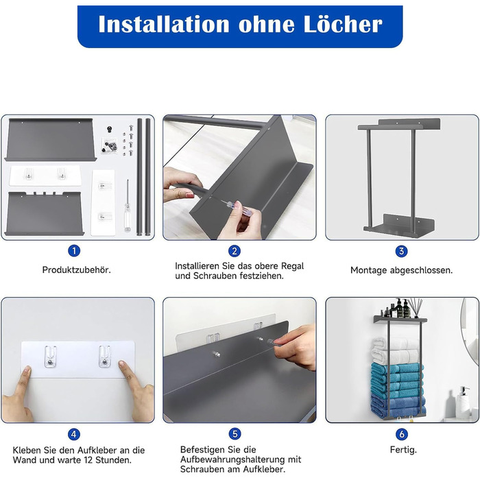 Тримач для рушників без свердління, висувний, сірий. Висувна полиця для рушників, кріпиться на клей, для ванної кімнати, 38-75 см