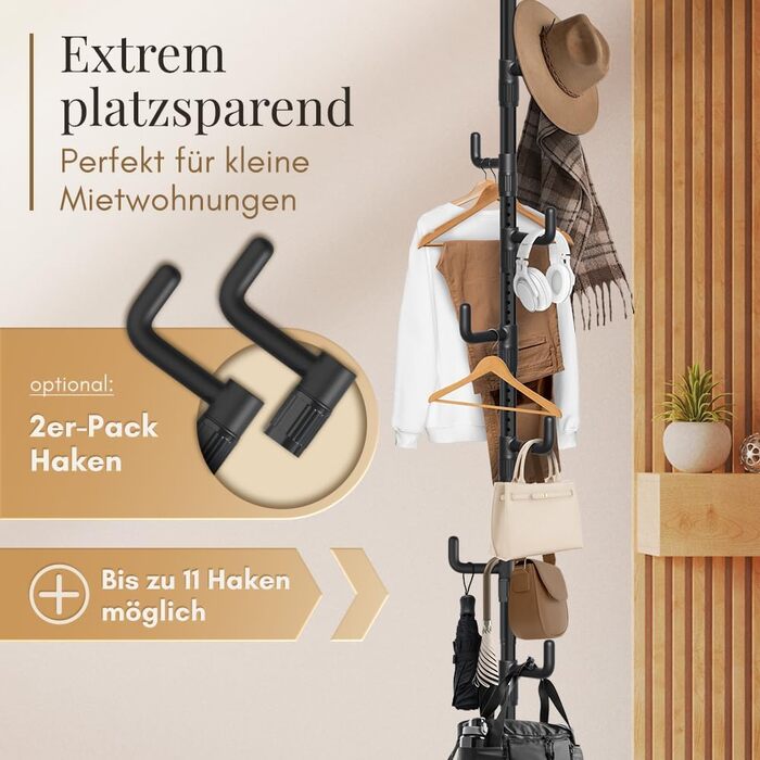 Extendable Coat Rack, 5 Hooks [Black, 110-310cm] – Telescopic Clothes Rack, Stable – Space-Saving Closet, Metal – Butler for Men, Bedroom – Entranceway Closet – Clothes Rail Balcony