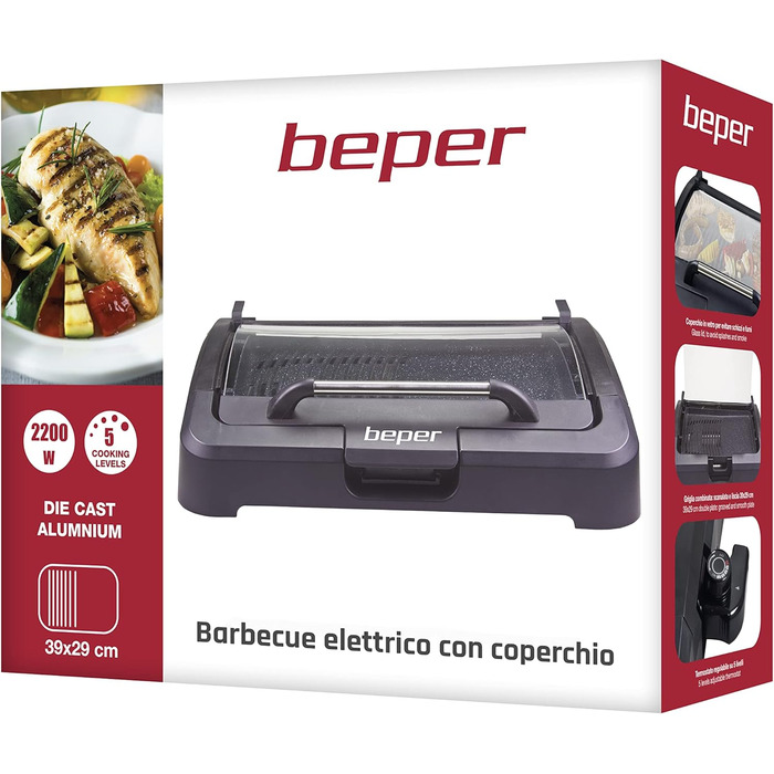 BEPER Electric Grill with Glass Lid - Non-Stick Coated Grill Plate, Stainless Steel, 2200W, Black