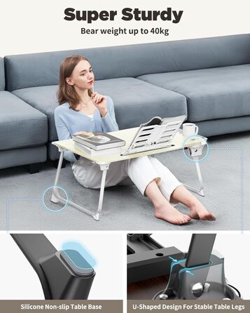SAIJI Стіл-таблетка для ноутбука XXL, розкладний, для підлоги, дивану, їжі, роботи, ігор, навчання з ящиком, підставка для книг, підставка для планшета/телефону (65*49*30 см, світло-чорний)