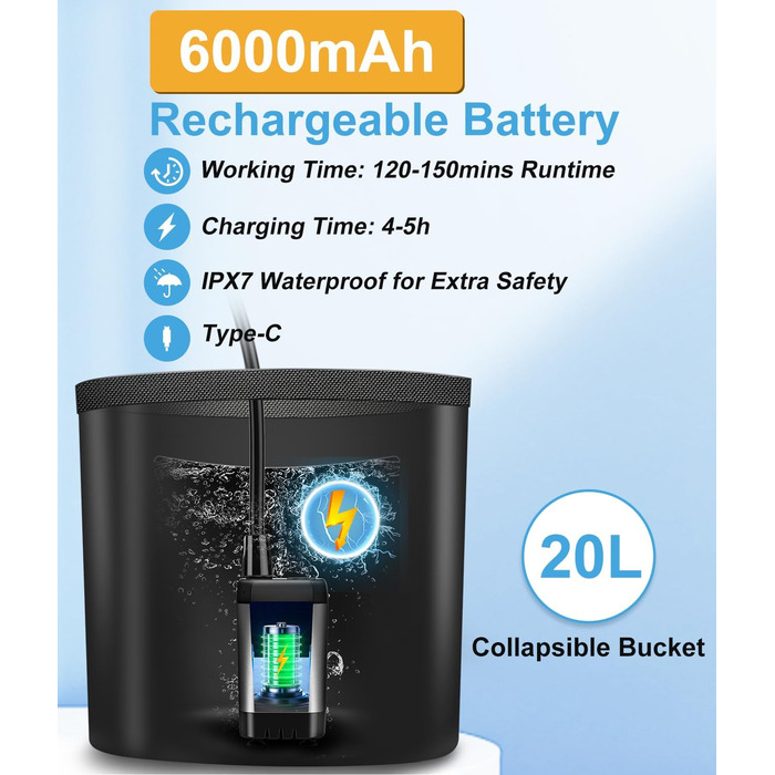 WADEO Portable Camping Shower with Battery, Pump, and Shower Bucket, Rechargeable Camping Shower, Mobile Shower Outdoor Showers with Shower Head, for Camping, Travel, Garden, Hiking, and Car Washing