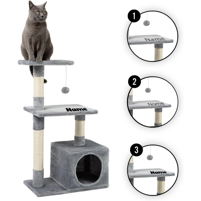 Cat Scratching Post with Cave and Plush Ball including Bell, Height 85 cm, Cat Tree with Sisal & Plush, Cozy Lounging Areas & Cave, Suitable for Small & Large Cats, (Light Gray (with name tag))