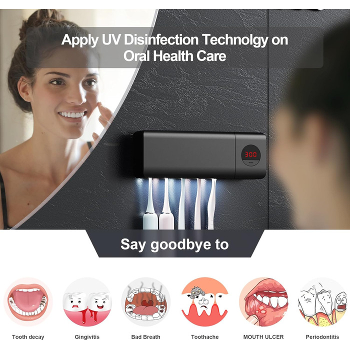 Стерилізатор зубних щіток DSHOW UV з таймером, бездротовий настінний, 2000mAh, білий/чорний