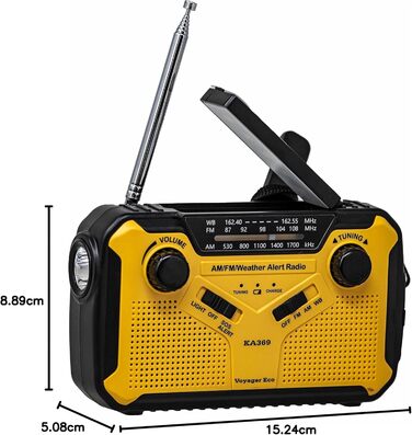 Радіо Kaito Voyager ECO з сонячною панеллю та ручним генератором, AM/FM/NOAA, LED-ліхтарик, USB-зарядка для телефону
