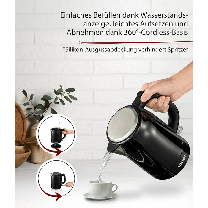 Електричний чайник Cloer 4511 з нержавіючої сталі, 2200 Вт, індикатор рівня води, захист від сухого кипіння та перегріву, 1 літр, чорний