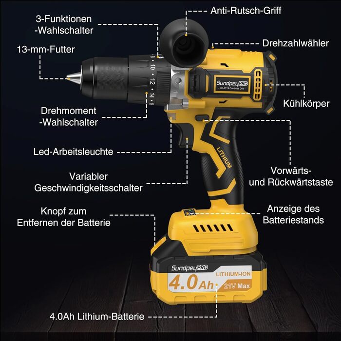 Акумуляторний дриль-шурупокрут SundpeyPRO 21V з ударною функцією, 120 Nm, 2 x 4000mAh, 20+3 ступені крутного моменту, 13 мм патрон, 2 швидкості, LED