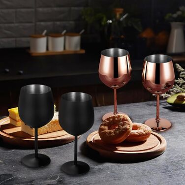 Набір келихів для вина Livole, 550 мл (18oz), нержавіюча сталь, келихи для шампанського, коктейльні келихи, матове чорне та рожеве золото (4 шт.)