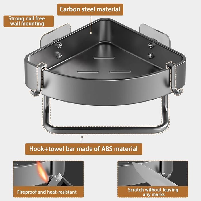 Поличка для душу з 2 рівнями, кутова, без свердління, з нержавіючої сталі, з тримачем для рушників та 2 гачками, чорна, для ванної, кухні, туалету
