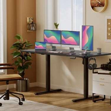 VOSATRON Electric Height Adjustable Desk 160x60cm - Standing Desk with Memory Control & Anti-Collision Technology, Wheels, Joining Board, Black Frame/Black Tabletop