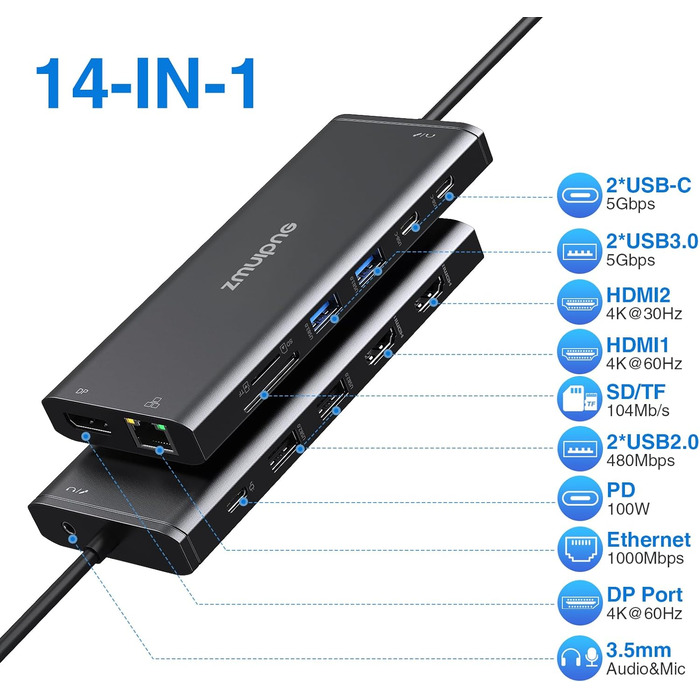 Док-станція USB-C з підтримкою двох моніторів та трьох дисплеїв, 14 в 1 для ноутбуків Dell, HP, Lenovo та інших, з 2x 4K HDMI, DisplayPort, Ethernet, 4x USB, 100W PD, USB-C Data, SD/TF, Audio/Mic (Чорний)