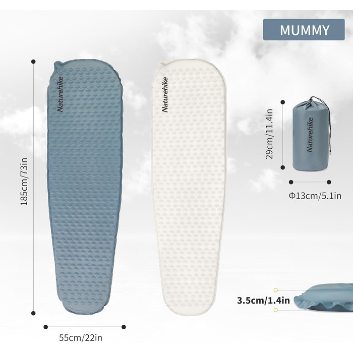 Naturehike Yugu: Саморозкладаний килимок для кемпінгу та трекінгу, 3.5 см, блакитний