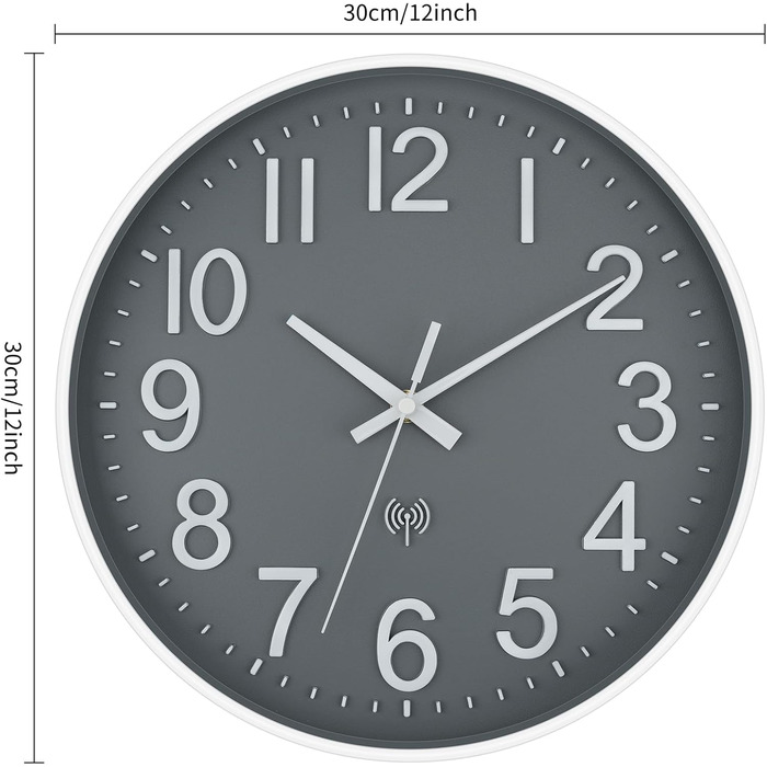 Foxtop Wall Clock Radio-Controlled Wall Clock 30 cm Silent & No Noise Large Dial Analog No Ticking For Kitchen, Living Room, Bathroom DCF Radio Signal Modern Design White-Gray
