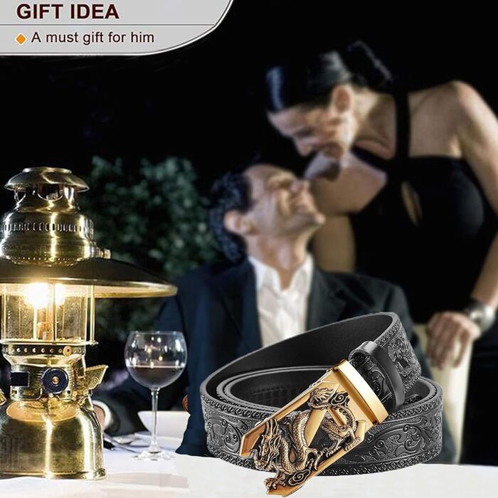 Чоловічий шкіряний ремінь з гравіюванням, вінтажний, з логотипом дракона, автоматична застібка, чорний, 122.5 см