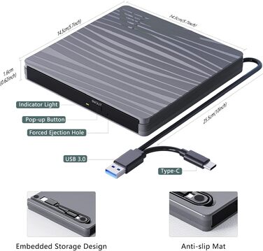 Зовнішній DVD-привід USB 3.0 та Type-C, портативний CD/DVD+/-RW записувач для ноутбука, ПК, MacBook, Windows, MacOS, Linux (Сірий)