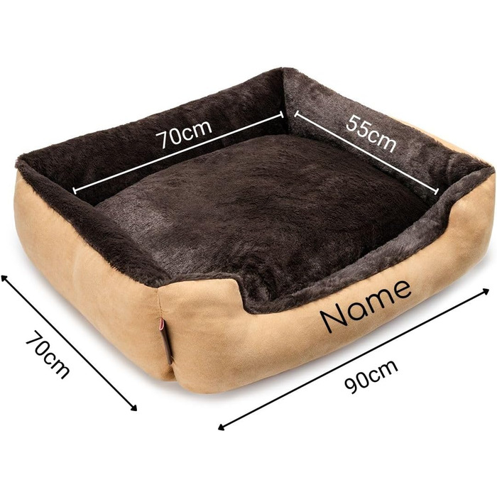 Ліжко для собак Lionto з двостороннім подушкою та неслизьким дном, міцне лежання для собак та котів будь-якого віку, 60x48 см, м'яке собаче ліжко, (Д 90 x Ш 70 x В 20 см (з іменним нанесенням), бежево-коричневе)