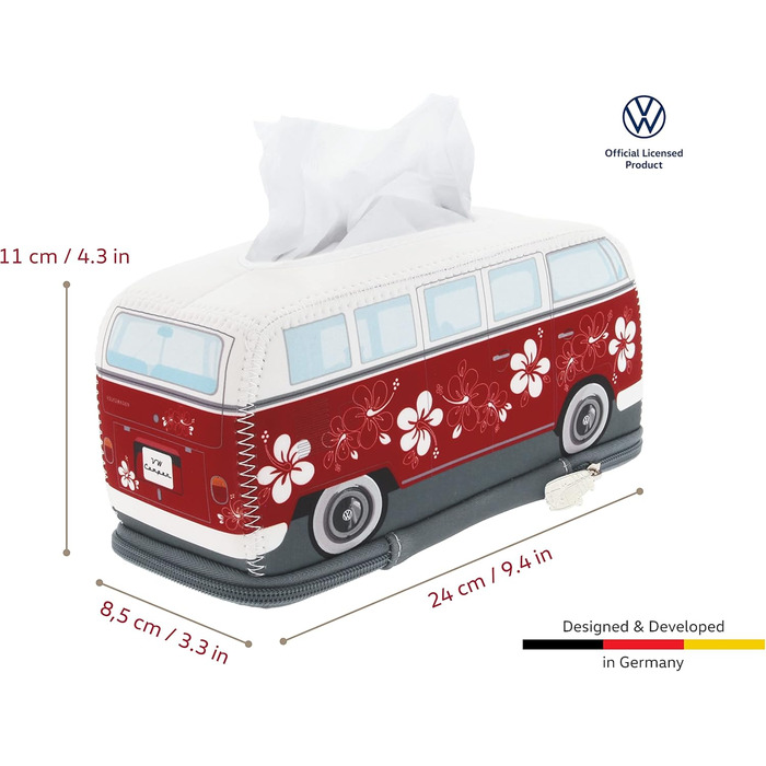 Тримач для серветок та паперових рушників BRISA VW Collection у дизайні Volkswagen T1 Bulli Bus, неопрен, червоний з гібіскусом, 24 см