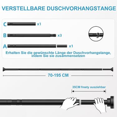 Штанга для душу без свердління з нержавіючої сталі, телескопічна, регульована 70-195 см, чорна