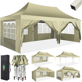 COBIZI Pavilion 3x3 Waterproof Stable Winter-Proof Party Tent 3x3 with 4 Side Panels Pop-Up Folding Pavilion UV Protection 50+ Garden Pavilion with Handbag, 8X Stakes and 4X Wind Rope, (Khaki, 3x6 m)