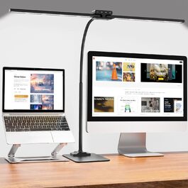 LED Desk Lamp with Adjustable Brightness, 1200 Lumens Dual Head Clamp-On for Home Office, Eye Protection Gooseneck Table Lamp, Monitor Light with 5 Color Temperature & Brightness Levels (Black Dual-Head Metal Base)