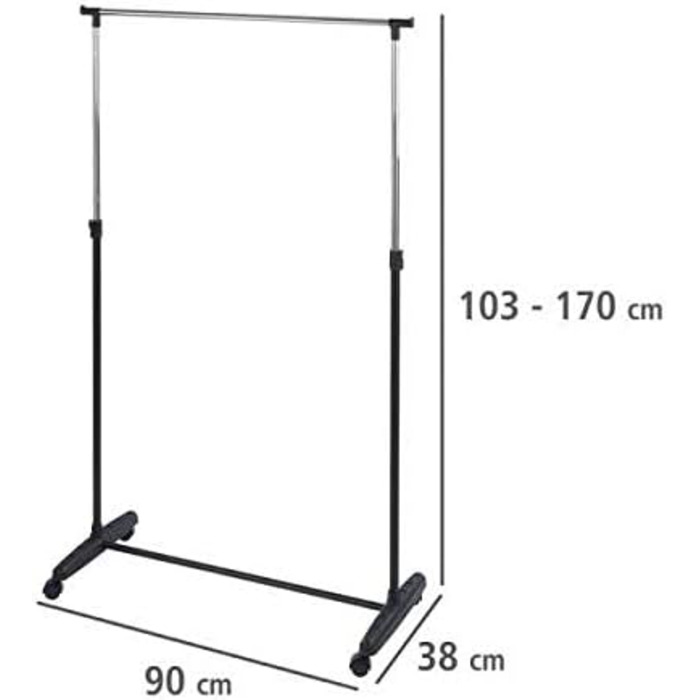 WENKO Clothes Rack, Folding, Clothes Storage with Adjustable Clothes Rail and Wheels, Plastic/Metal, 88 x 100-168 x 11-49 cm, Chrome/Grey (170 x 38 x 90 cm)