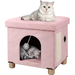 BRIAN & DANY Foldable Cat Cave Large Cat, Cat House Cave for Cats with Scratch Board and Play Ball, Storage Ottoman Seat Stool Footstool with Wooden Feet 37.5 x 32.5 x 36 cm, (Pink)