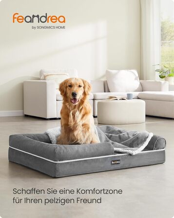 Ортопедичне ліжко для собак Feandrea, м'яке, з високими бортиками, 112x86x18 см, сірий колір, знімний чохол