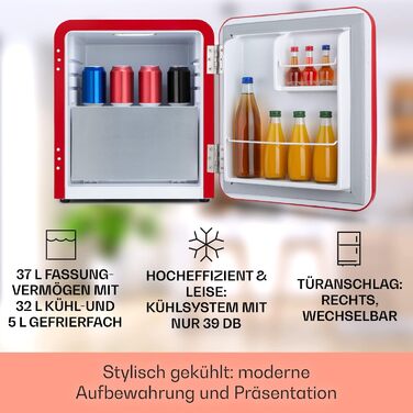 Klarstein Mini Kühlschrank з морозильною камерою 37л: компактний холодильник для напоїв та косметики, ретро-дизайн, тихий, для кімнати, 2в1, червоний, енергоклас E