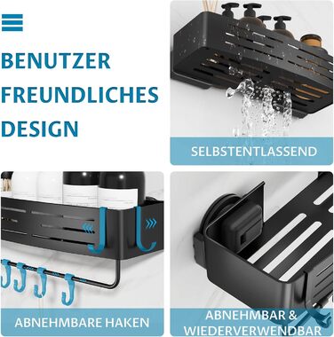 Двошаркова полиця для душу без свердління з присосками, вологостійка, чорна. Організатор для ванної кімнати з тримачем для рушників, шампуню та гелю для душу. Кутова полиця для душу з гачками, 2 шт.