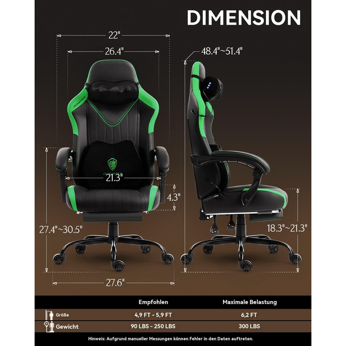 Ігрове крісло Dowinx з масажем, ергономічне, до 135 кг, зелене