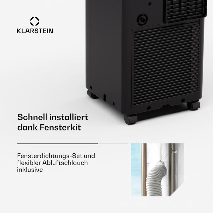 Klarstein Aero Ring Mobile Klimaanlage: 9000 BTU, 3-в-1 (Охолодження, Зволожувач, Вентилятор), Smart App, Голосове керування, для приміщень до 31 м², Клас енергоефективності A, R290, Кольори: Чорний