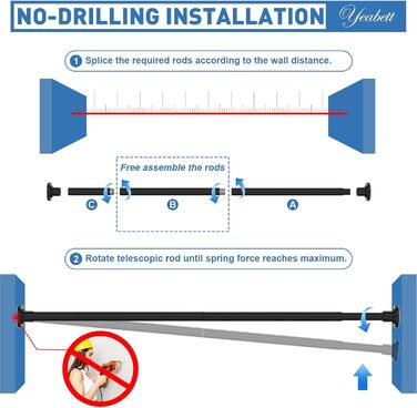 Штанга для штор без свердління, 48-119.4 см, телескопічна, кріпиться без свердління, чорна. Підходить для душу та штор. 1 шт.