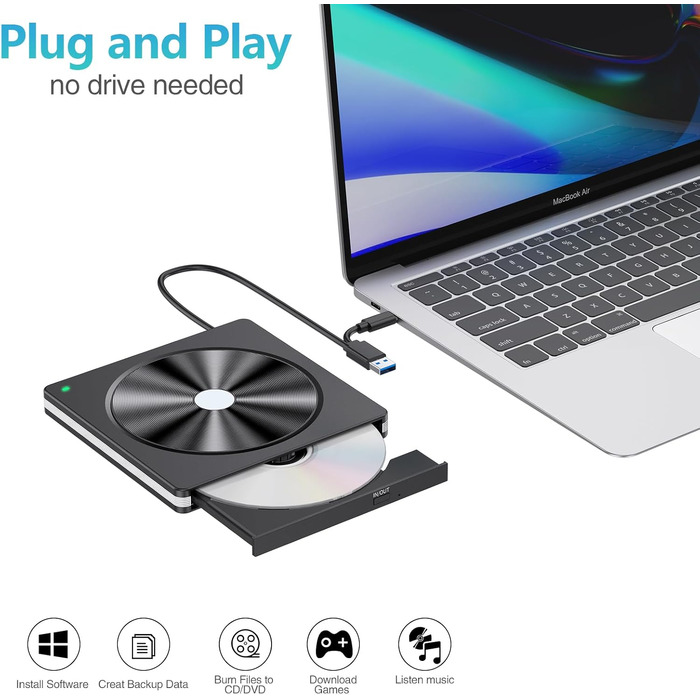 Зовнішній DVD/CD привід USB 3.0 та USB-C, DVD-записувач для ноутбука, ПК, Mac OS, Windows, Linux (Білий)