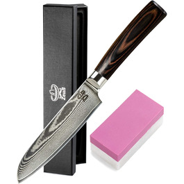 Ніж Santoku ZEUß з дамаської сталі (24 см) - професійний кухонний ніж з дамаської сталі 67 шарів, з точильним каменем, дерев'яною ручкою, захистом леза та подарунковою коробкою (сірий)
