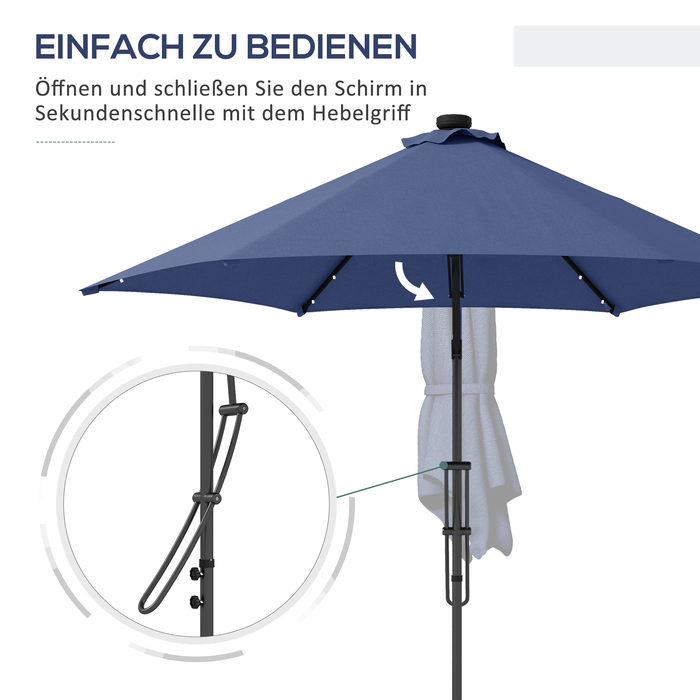 Outsunny Solar Patio Umbrella with LED, Ø290x260 cm, including cross base 55-60kg, UV protection, hand crank & protective cover, polyester, dark blue