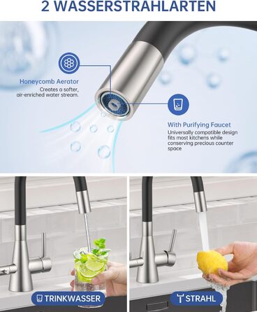 Кухонний змішувач Dayone з висувним виливом, нержавіюча сталь SUS304, високий тиск, 360° обертання, 2 функції, для кухні