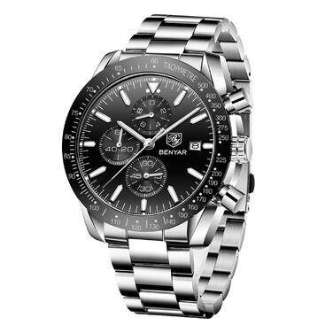 Чоловічий годинник BENYAR з хронографом, кварцовий, водостійкий 30M, з датою, для активного відпочинку, спортивний, шкіряний (чорний)