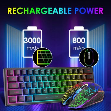 Kabellos Gaming Tastatur und Maus Combo Set: Бездротова ігрова клавіатура та миша, 2.4 GHz, 3800 mAh, тиха, 61 клавіша, компактна, Rainbow LED підсвічування, 2400 DPI, 6 кнопок, чорний