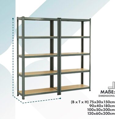 OfficeMarshal Heavy-Duty Shelving Unit - Lakota (200 x 100 x 50 cm, Grey)