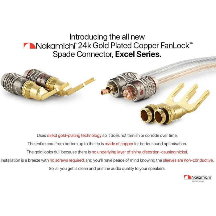 Позолочений Y-подібний роз'єм Nakamichi FanLock Excel-Serie для акустичних кабелів 10-18 AWG, 4мм, для Hi-Fi стерео та домашнього кінотеатру, 4 шт (2 пари)