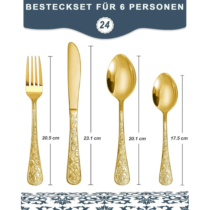 Набір столових приборів 24 предмети в золотистому вінтажному стилі для 6 осіб, нержавіюча сталь, з гравіюванням, високоякісне полірування