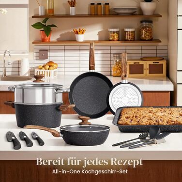 Набір посуду Kitchen Academy з гранітним антипригарним покриттям для індукційних плит, 17 предметів, чорний