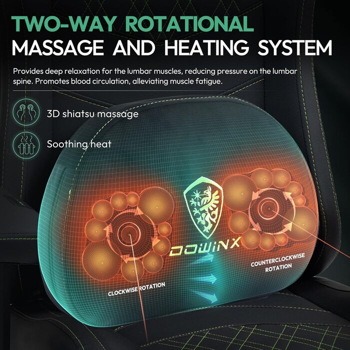 Ігровий крісло Dowinx з масажем та підігрівом, дихаюча спинка, регульоване, з підніжкою, підтримка спини та шиї (Чорно-зелений)