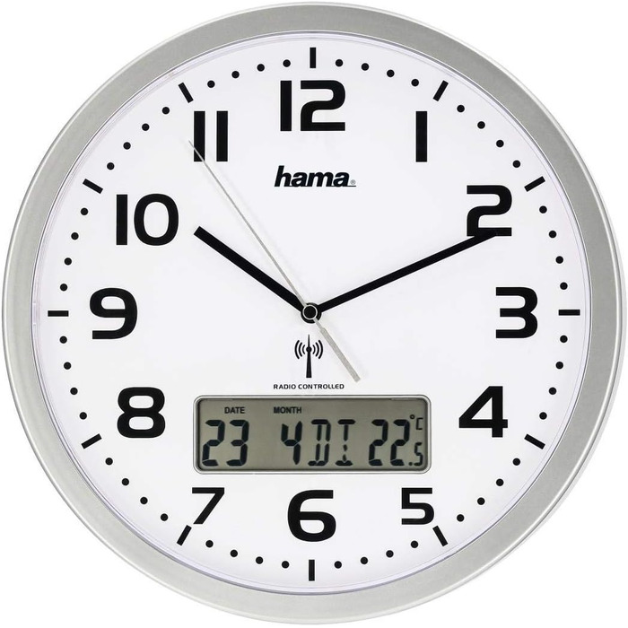 Hama Digital Radio Wall Clock (large radio clock with analog time display, wall clock with digital calendar and temperature display, incl. battery) Silver
