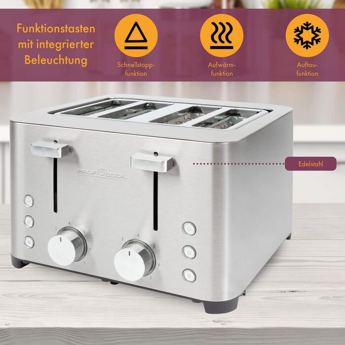 ProfiCook® Toaster | 4-Slice Toaster | Stainless Steel Housing | 1500 Watts | Wide Slot | Bagel Attachment (removable) | 7 Adjustable Browning Levels | Crumb Tray | Cord Retraction | PC-TA 1252 PC-TA 1252 inox